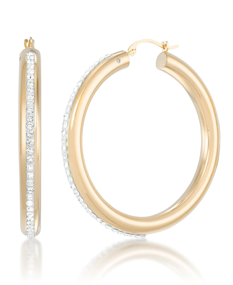 Yellow Gold_Gold Luxe® 14K Yellow Gold Bold Round Hoop Earrings with Brilliant Pave Crystals. Dent Resistant, Infused with Nano Diamond Resin Core® - iHeart Jewels_I_Heart_1