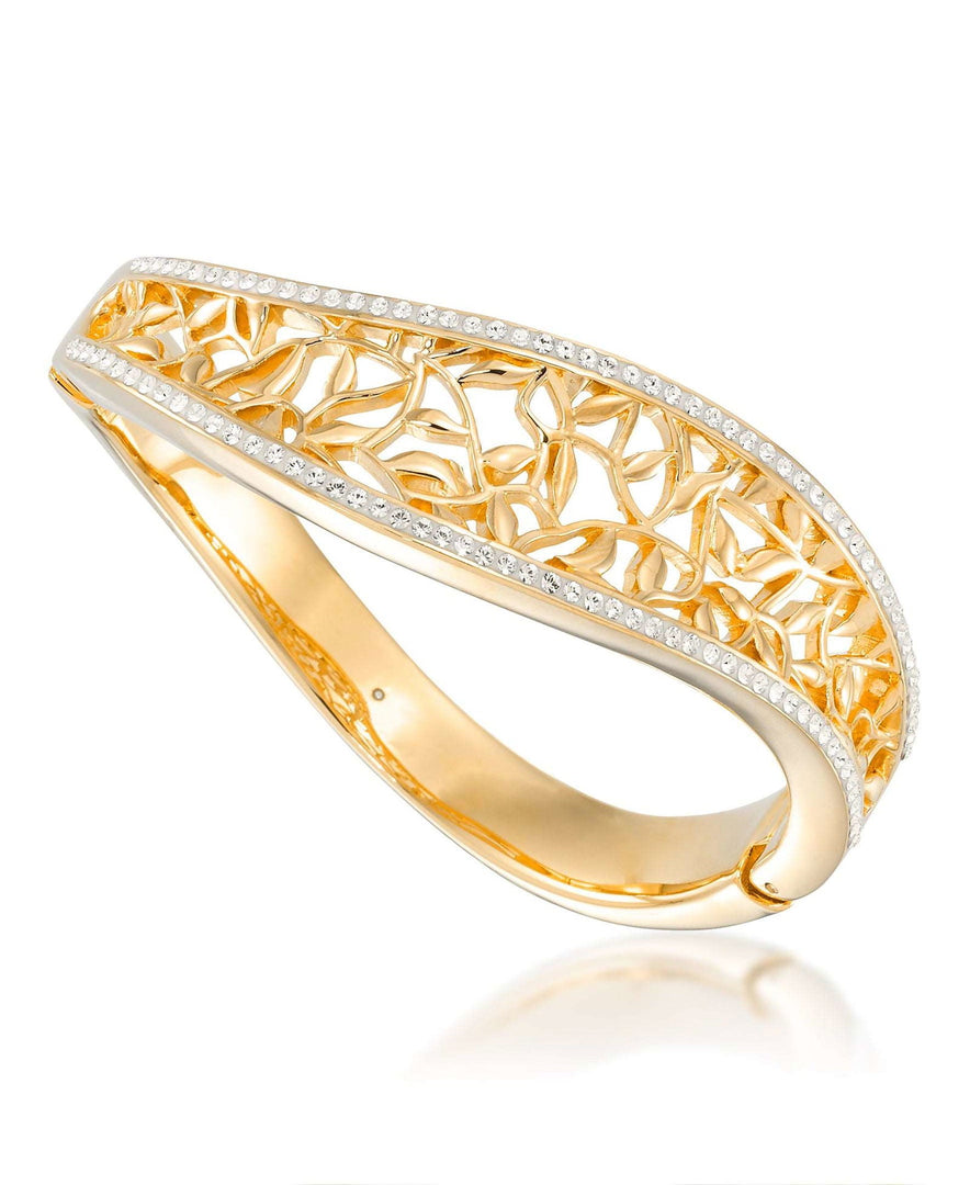 Yellow Gold_Gold Luxe® 14K Yellow Gold Contoured Filigree Bangle Bracelet with Brilliant Crystal Pave Frame. Dent Resistant, Infused with Nano Diamond Resin Core®. Average Wrist Size. - iHeart Jewels_I_Heart_1