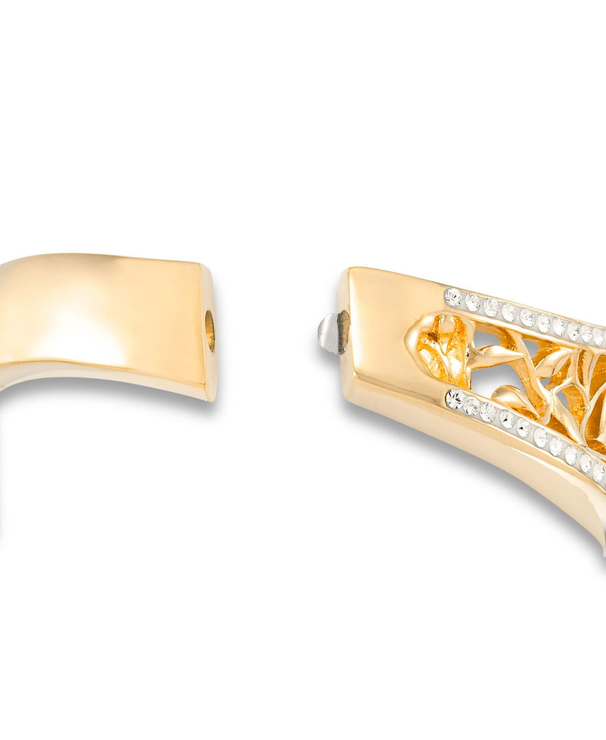 Yellow Gold_Gold Luxe® 14K Yellow Gold Contoured Filigree Bangle Bracelet with Brilliant Crystal Pave Frame. Dent Resistant, Infused with Nano Diamond Resin Core®. Average Wrist Size. - iHeart Jewels_I_Heart_1