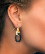 Load image into Gallery viewer, Yellow Gold_Gold Luxe® 14K Yellow Gold and Genuine Onyx Double Oval Drop Earrings. Dent Resistant, Infused with Nano Diamond Resin Core® - iHeart Jewels_I_Heart_1