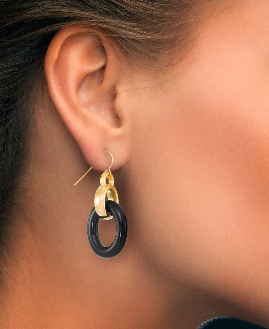 Yellow Gold_Gold Luxe® 14K Yellow Gold and Genuine Onyx Double Oval Drop Earrings. Dent Resistant, Infused with Nano Diamond Resin Core® - iHeart Jewels_I_Heart_1