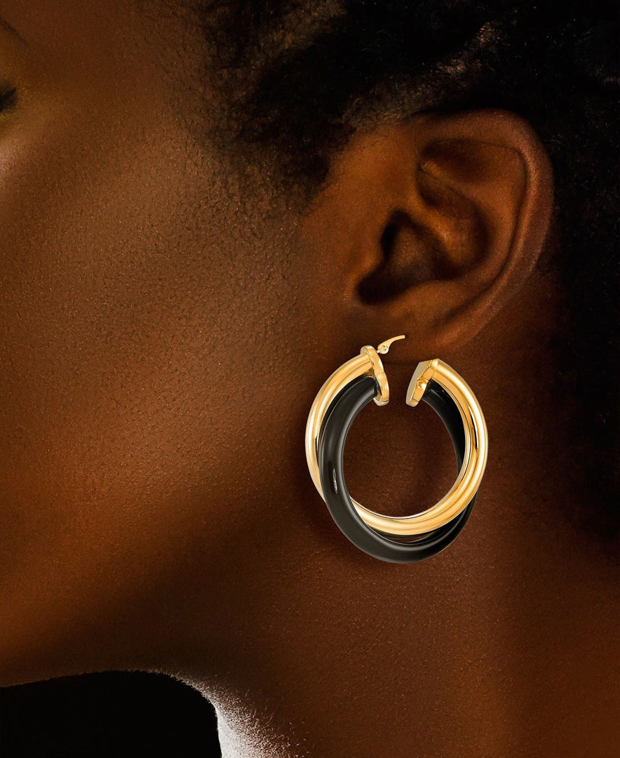 Yellow Gold_Gold Luxe® 14K Yellow Gold and Genuine Onyx Large Double Hoop Earrings. Dent Resistant, Infused with Nano Diamond Resin Core® - iHeart Jewels_I_Heart_1