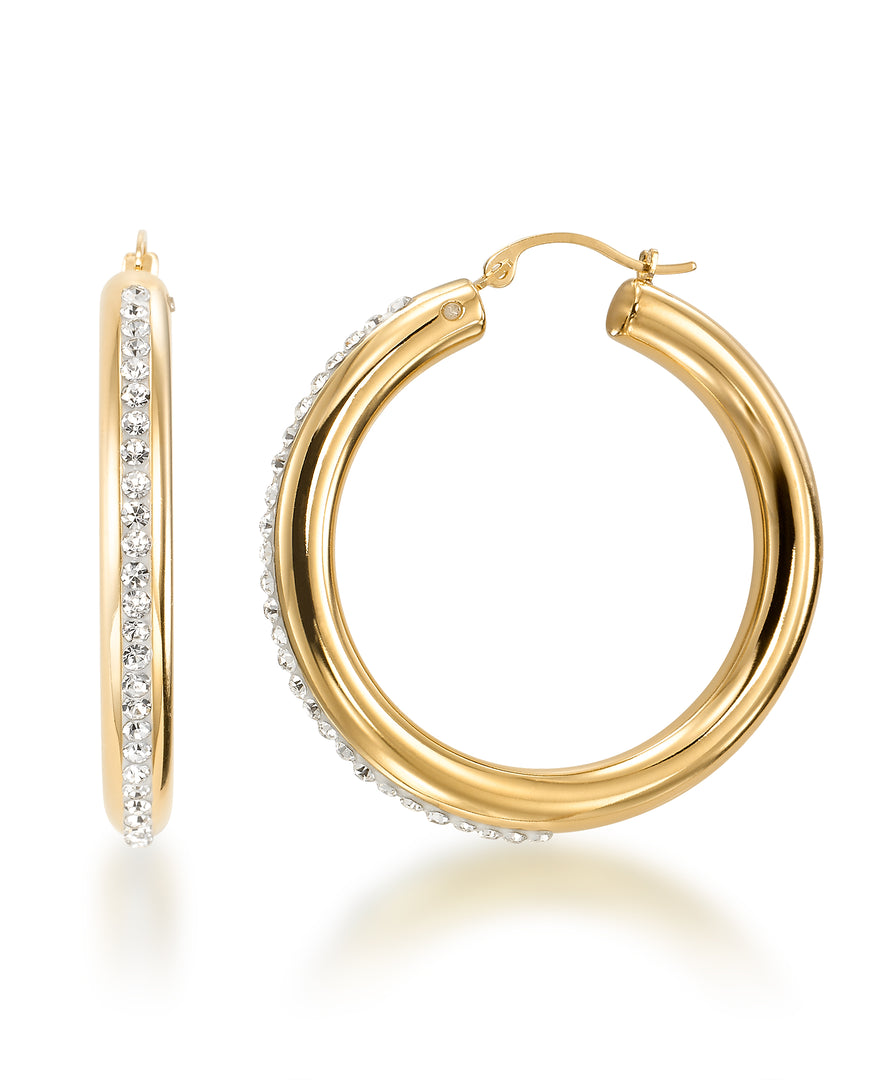Yellow Gold_Gold Luxe® 14K Yellow Gold Medium Round Hoops with Brilliant Pave Crystals.  Dent Resistant, Infused with Nano Diamond Resin Core® - iHeart Jewels_I_Heart_1