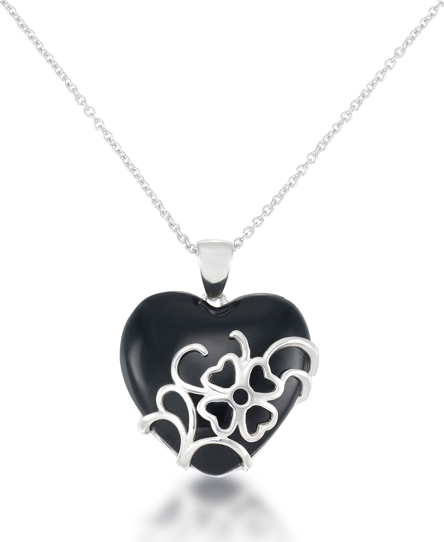 Platinum over Sterling Silver_Genuine Onyx Heart Shaped Pendant, 18"_I_Heart_1