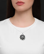 Load image into Gallery viewer, Platinum over Sterling Silver_Genuine Round Onyx Cabochon Pendant with Floral Filigree, 18"_I_Heart_1