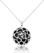 Load image into Gallery viewer, Platinum over Sterling Silver_Genuine Round Onyx Cabochon Pendant with Floral Filigree, 18"_I_Heart_1