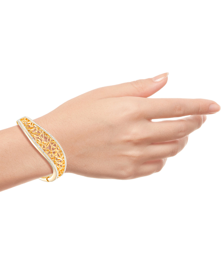 Yellow Gold_Gold Luxe® 14K Yellow Gold Contoured Filigree Bangle Bracelet with Brilliant Crystal Pave Frame. Dent Resistant, Infused with Nano Diamond Resin Core®. Average Wrist Size. - iHeart Jewels_I_Heart_1