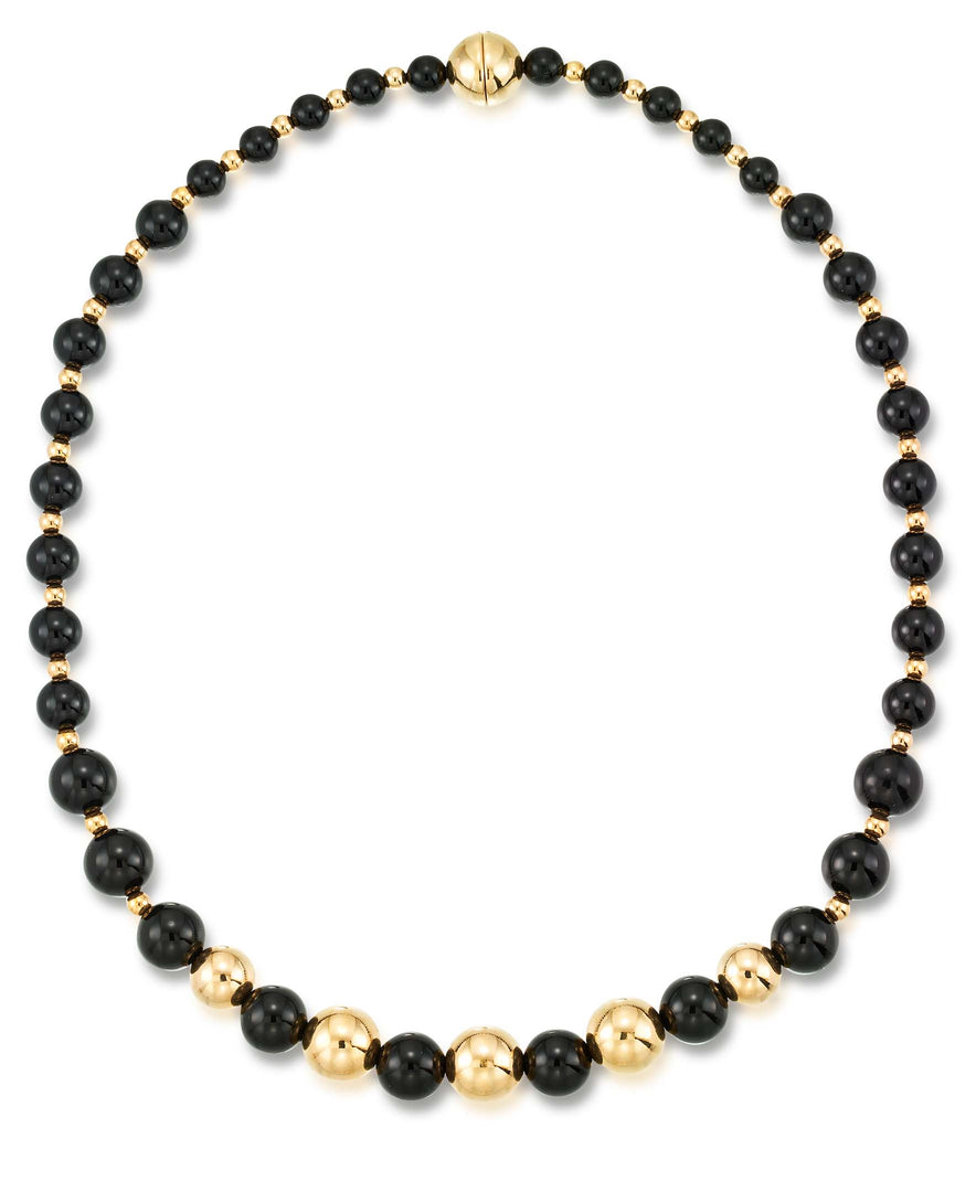 Yellow Gold_Gold Luxe® 14K Gold Graduated Genuine Onyx and Gold Bead Necklace. Dent Resistant, Infused with Nano Diamond Resin Core®_I_Heart_1