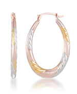 Cargar imagen en el visor de la galería, Tri-Color_Graduated Tri-color Oval Hoop Earrings with Satin and Diamond Cut in 14K Yellow, Rose and White Gold over Sterling Silver_I_Heart_1