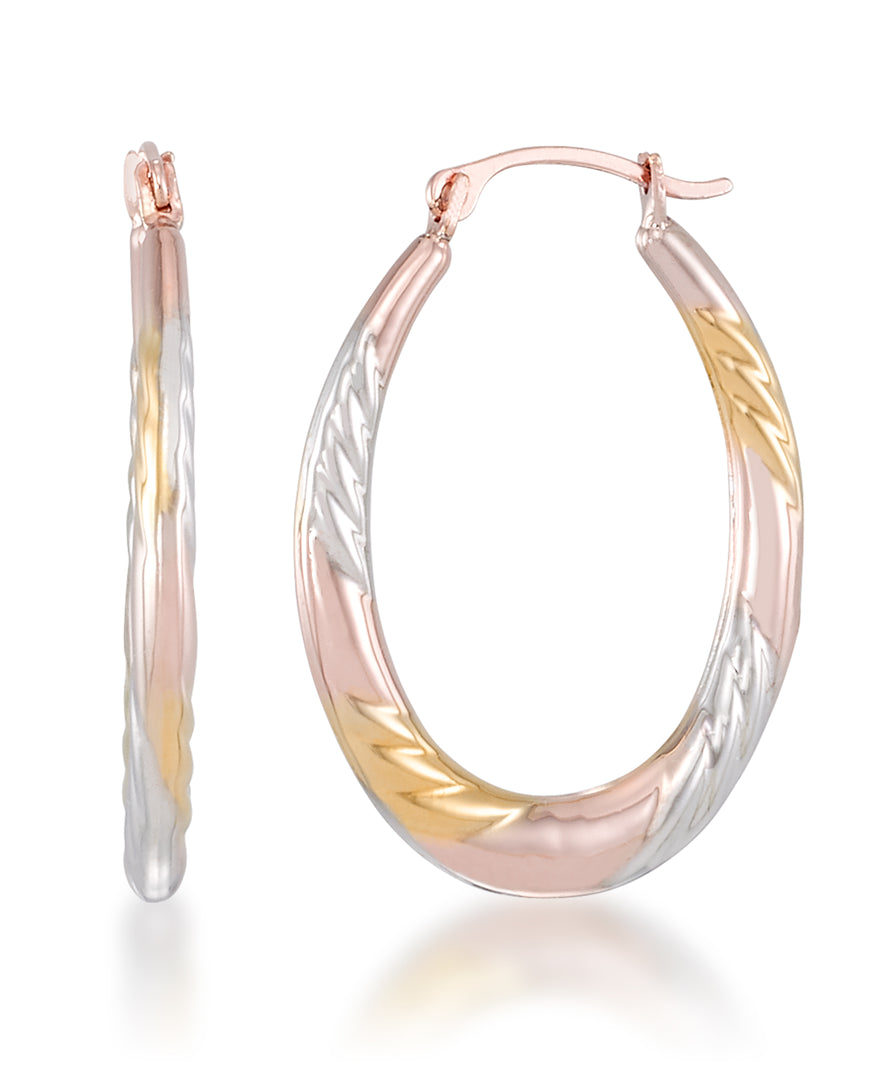 Tri-Color_Graduated Tri-color Oval Hoop Earrings with Satin and Diamond Cut in 14K Yellow, Rose and White Gold over Sterling Silver_I_Heart_1