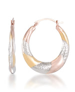 Load image into Gallery viewer, Tri-Color_Graduated Tri Color Round Hoop Earrings with Satin and Diamond Cut in 14K Yellow, Rose and White Gold over Sterling Silver_I_Heart_1