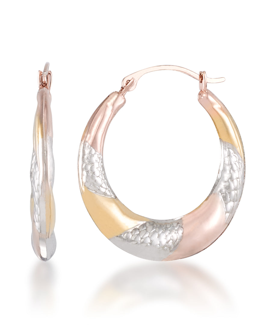 Tri-Color_Graduated Tri Color Round Hoop Earrings with Satin and Diamond Cut in 14K Yellow, Rose and White Gold over Sterling Silver_I_Heart_1
