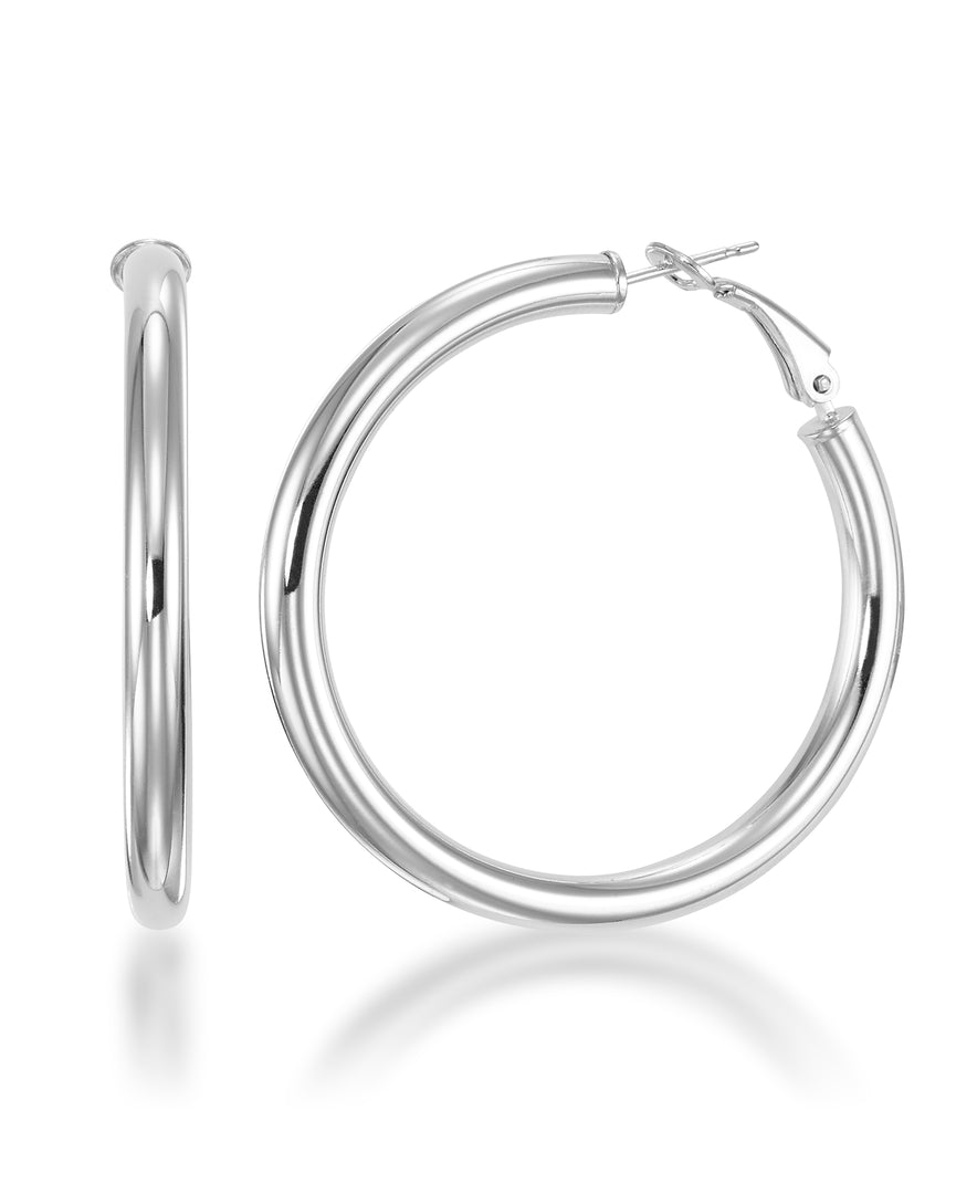 Platinum over Sterling Silver High Polished Large Round Hoop Earrings with Omega Back, Made in Italy_I_Heart_2