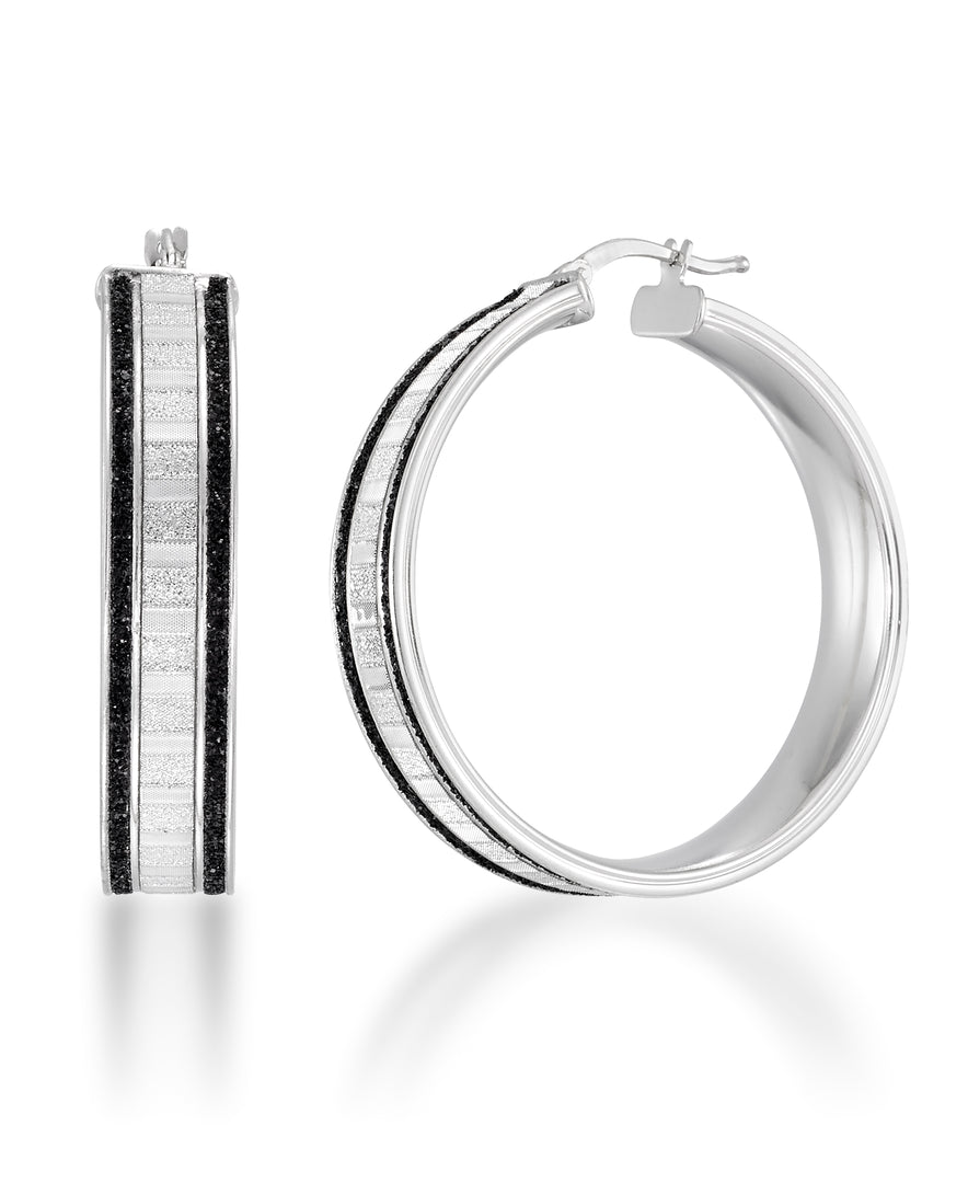 Platinum over Sterling Silver_Large Black and White Glitter Hoop Earrings_I_Heart_1