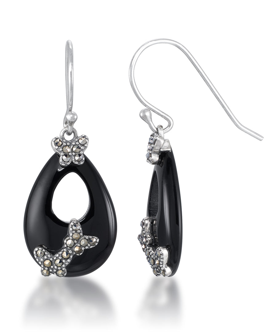 Sterling Silver_Tori Hill® Genuine Marcasite and Onyx Butterfiles and Flowers Dangle Earrings_I_Heart_1