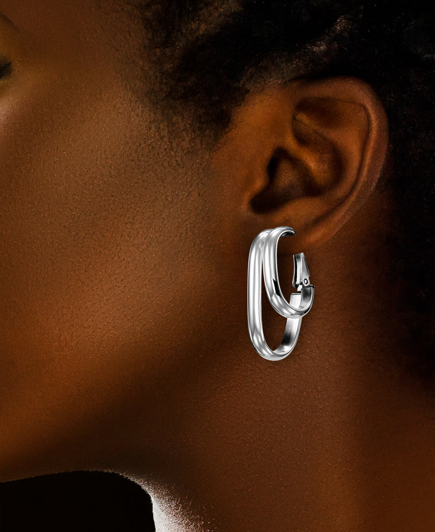 Platinum over Sterling Silver_Double Paper Clip Hoop Earrings with Omega Back, Made in Italy_I_Heart_2