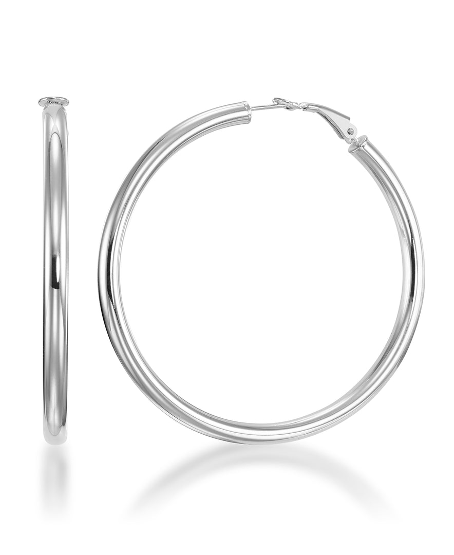 Platinum over Sterling Silver Large Round Hoop Earrings with Omega Back, Made in Italy_I_Heart_2