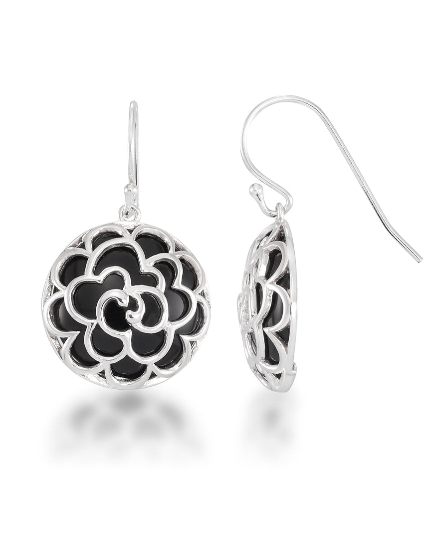 Platinum over Sterling Silver_Genuine Round Onyx Cabochon Dangle Earrings  with Floral Filigree_I_Heart_1