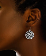 Cargar imagen en el visor de la galería, Platinum over Sterling Silver_Genuine Round Onyx Cabochon Dangle Earrings  with Floral Filigree_I_Heart_1