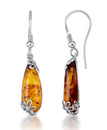 Load image into Gallery viewer, Sterling Silver_Amber Rosa™  Genuine Honey Amber Elongated Teardrop Dangle Earrings with Floral Accents_I_Heart_1