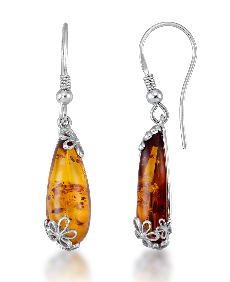 Sterling Silver_Amber Rosa™  Genuine Honey Amber Elongated Teardrop Dangle Earrings with Floral Accents_I_Heart_1