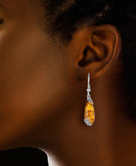Load image into Gallery viewer, Sterling Silver_Amber Rosa™  Genuine Honey Amber Elongated Teardrop Dangle Earrings with Floral Accents_I_Heart_1