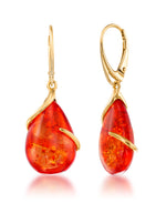 Load image into Gallery viewer, 18K Yellow Gold Over Sterling Sellow Silver_Amber Rosa® Red Genuine Amber Bold Teardrop Dangle Earrings_I_Heart_1