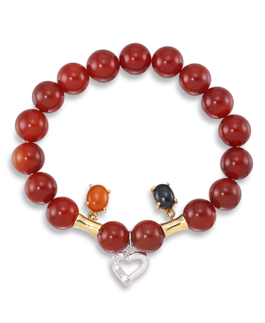 Two Tone_Red Agate Heart Charm Beaded Stretch Bracelet in 18K Yellow Gold and Platinum over Sterling Silver_I_Heart_1