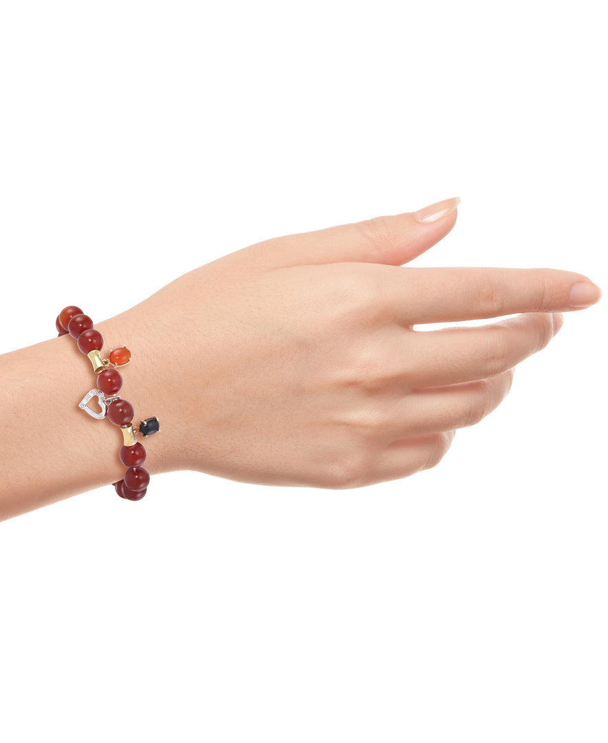 Two Tone_Red Agate Heart Charm Beaded Stretch Bracelet in 18K Yellow Gold and Platinum over Sterling Silver_I_Heart_1