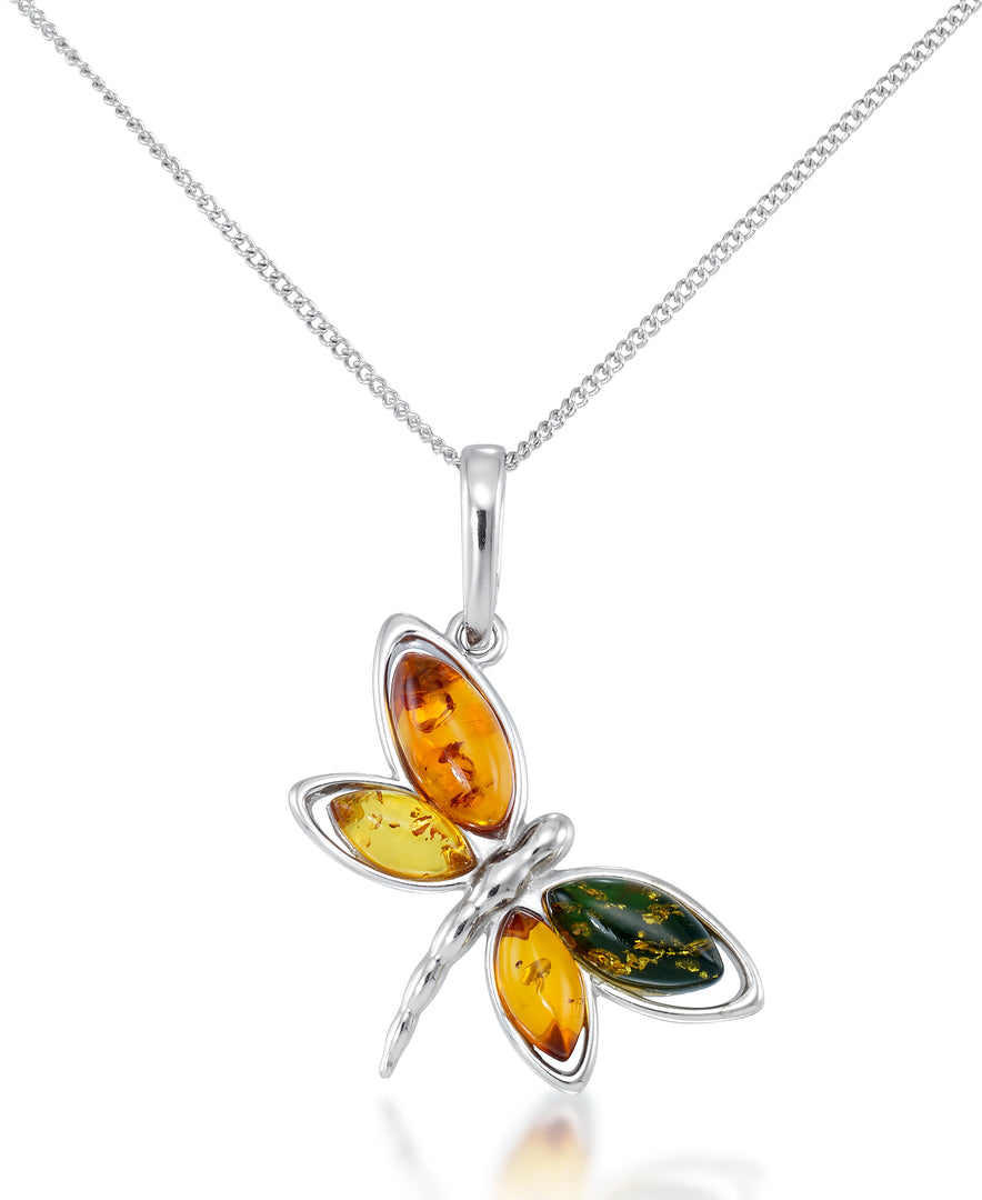 Sterling Silver_Amber Rosa™  Genuine Multicolor Amber Dragonfly Pendant, 18"_I_Heart_1
