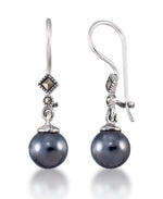 Load image into Gallery viewer, Sterling Silver_Tori Hill® Genuine Marcasite Cultured Frecshwater Grey Pearl Dangle Earrings_I_Heart_1