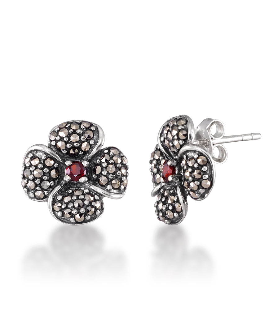 Sterling Silver_Tori Hill® Genuine Marcasite and Garnet Sculpted Flower Earrings_I_Heart_1