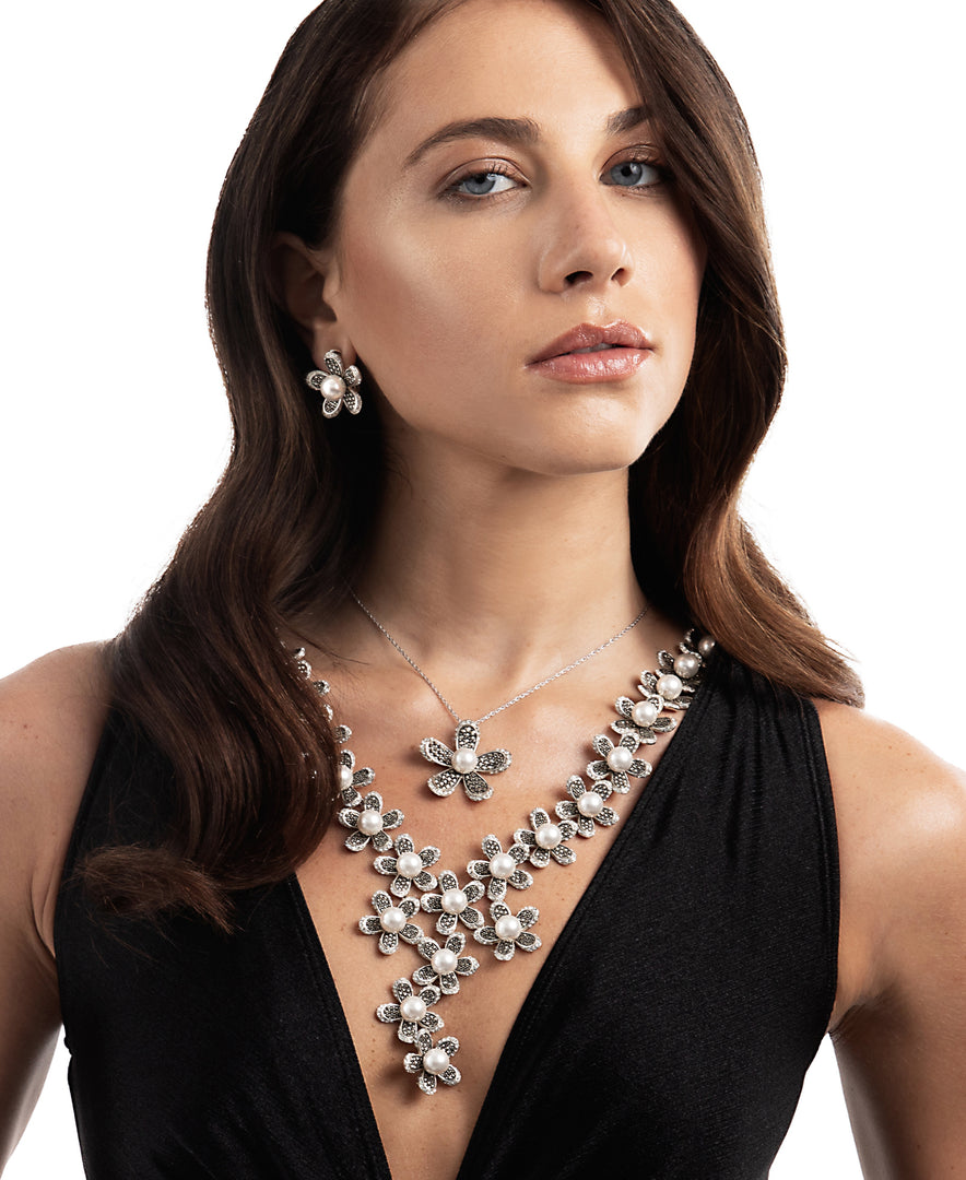 Sterling Silver_Tori Hill® Genuine Marcasite and Crystal Large Flower Pendant with Perfectly Round Simulated Pearl, 18" Chain_I_Heart_1