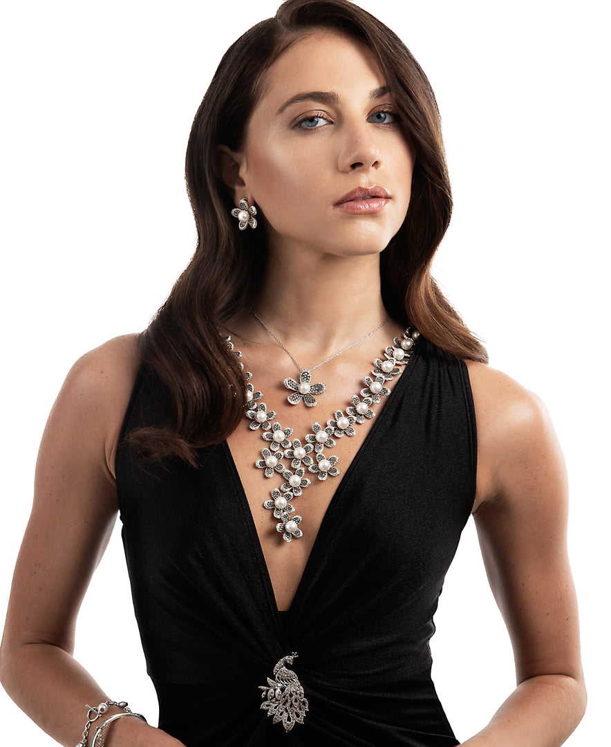 Sterling Silver_Tori Hill® Genuine Marcasite and Crystal Sculpted Floral Necklace with Perfectly Round Simulated Pearls_I_Heart_1