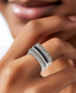 Load image into Gallery viewer, Sterling Silver_Tori Hill® Genuine Marcasite and Handcrafted Black Enamel Set of Three Stack Rings_I_Heart_1