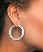 Load image into Gallery viewer, Platinum over Sterling Silver_Satin and Diamond Cut Bold Round Hoop Earrings_I_Heart_1