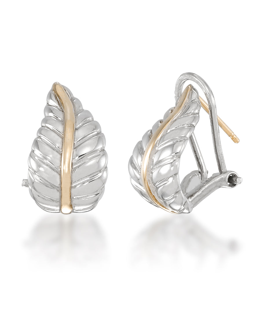 Two-Tone_Sculped Leaf Earrings with Post and Omega Back in 14K Yellow Gold and Platinum over Sterling Silver_I_Heart_1
