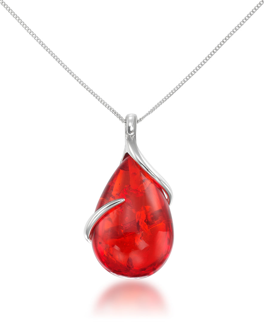 Sterling Silver_Amber Rosa® Red Genuine Amber Bold Teardrop Pendant, 18" Chain_I_Heart_2