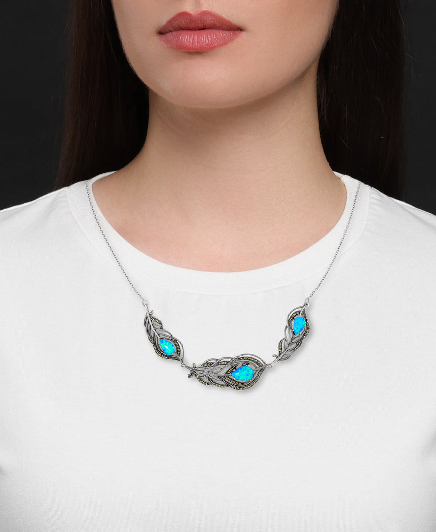 Sterling Silver_Tori Hill® Sterling Silver Genuine Marcasite Peacock Feather Necklace with Created Opals_I_Heart_1