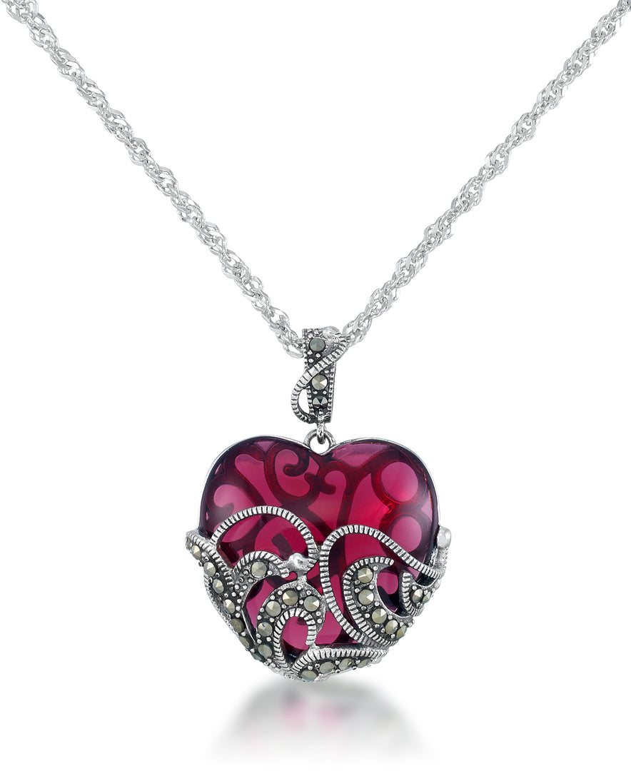 Sterling Silver Tori Hill® Sterling Silver Genuine Marcasite and Simulated Ruby Filigree Heart Pendant, 18" Chain_I_Heart_1