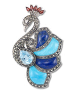 Load image into Gallery viewer, Sterling Silver Tori Hill® Genuine Marcasite Regal Peacock Broach with Brilliant Simulated Blue Topaz and Garnet and Hand Carved Dyed Turquois and Blue Lapis Inlays_I_Heart_1