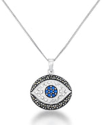 Cargar imagen en el visor de la galería, Sterling Silver_Tori Hill® Genuine Marcasite with Simulated Diamond and Blue Sapphire Evil Eye Pendant, 18" Chain_I_Heart_1