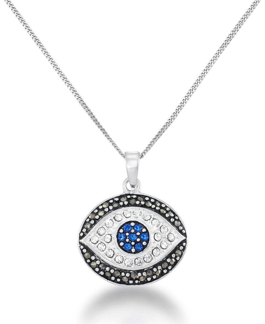 Sterling Silver_Tori Hill® Genuine Marcasite with Simulated Diamond and Blue Sapphire Evil Eye Pendant, 18" Chain_I_Heart_1