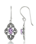 Cargar imagen en el visor de la galería, Sterling Silver_Tori Hill® Genuine Amethyst and  Marcasite Flower Dangle Earrings_I_Heart_1