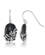 Load image into Gallery viewer, Sterling Silver_Tori Hill® Genuine Black Onyx and Marcasite Oval Dangle Earrings_I_Heart_1