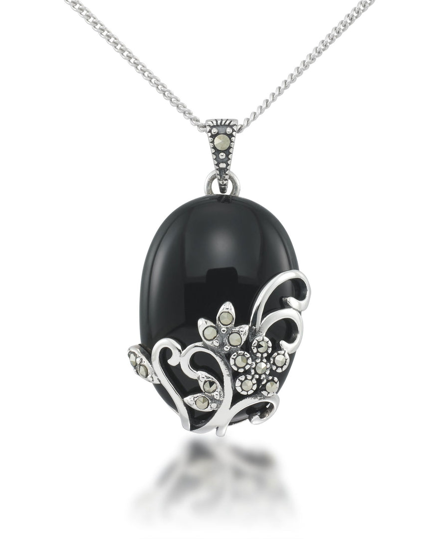 Sterling Silver_Tori Hill® Genuine Black Onyx and Marcasite Oval Pendant 18"_I_Heart_1