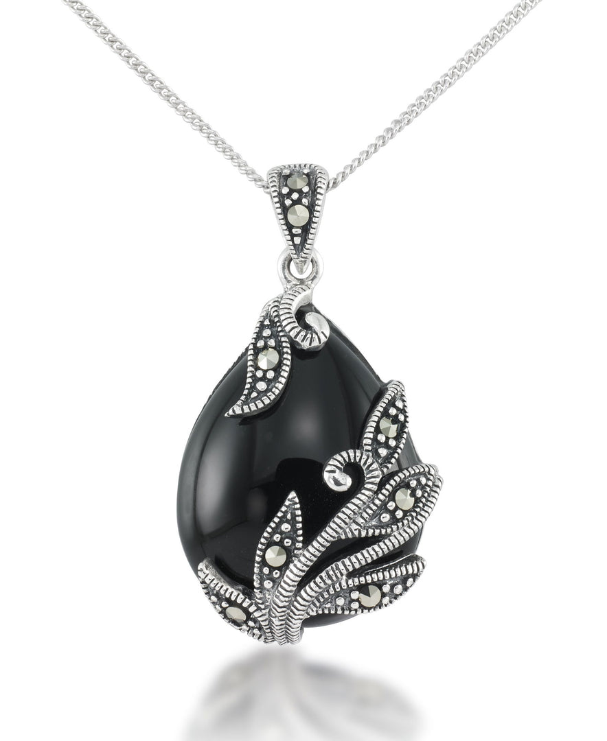 Sterling Silver_Tori Hill® Genuine Black Onyx and Marcasite Teardrop Pendant 18"_I_Heart_1
