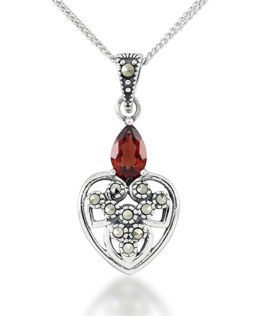 Sterling Silver_Tori Hill® Genuine Garnet and Marcasite Heart Dangle Pendant 18"_I_Heart_1