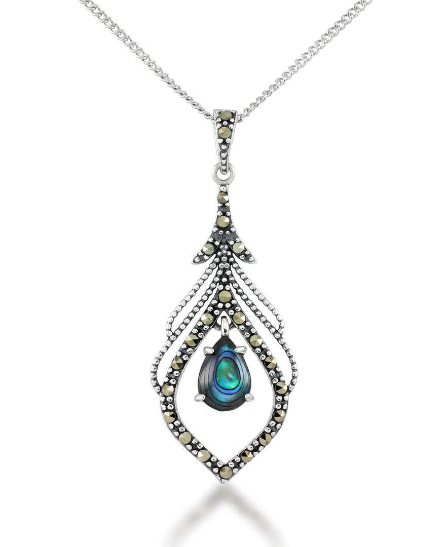 Sterling Silver_Tori Hill® Genuine Abalone and Marcasite Peacock Feather Pendant 18"_I_Heart_1
