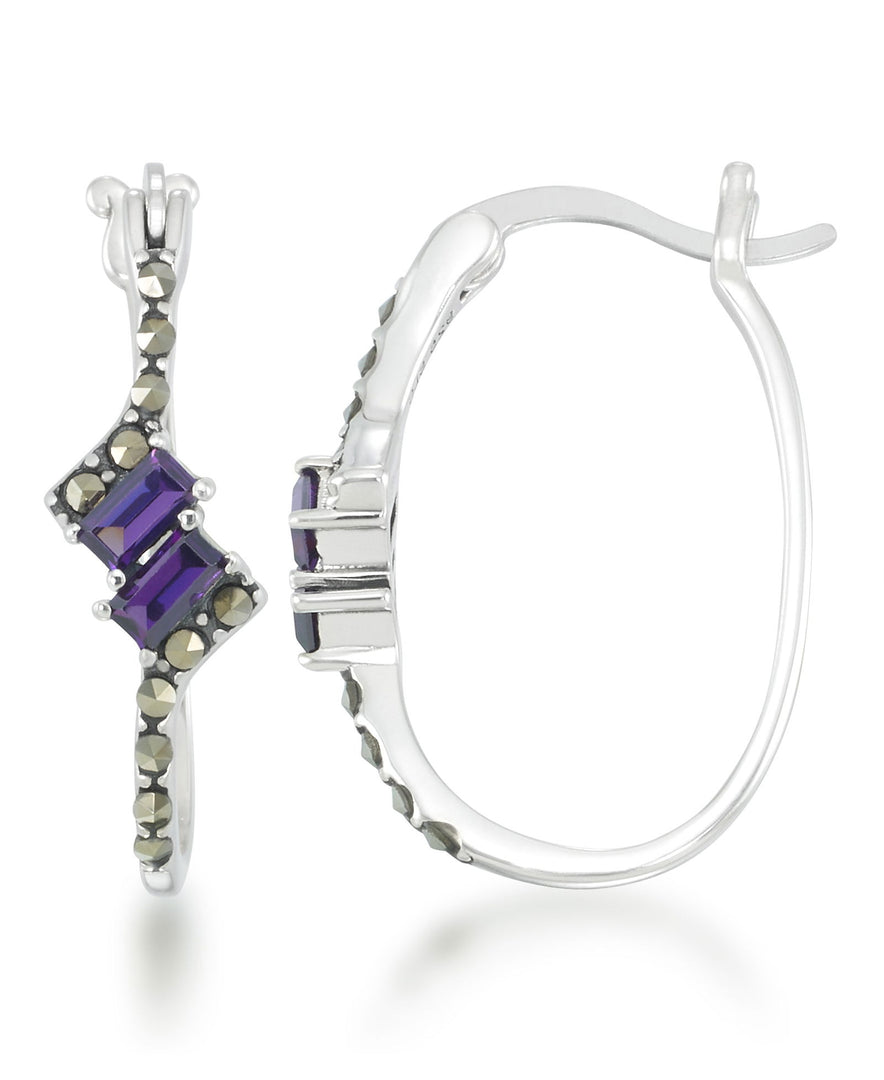 Sterling Silver_Simulated Amethyst_Tori Hill® Sterling Silver Genuine Marcasite Oval Hoop Earrings - iHeart Jewels_I_Heart_1